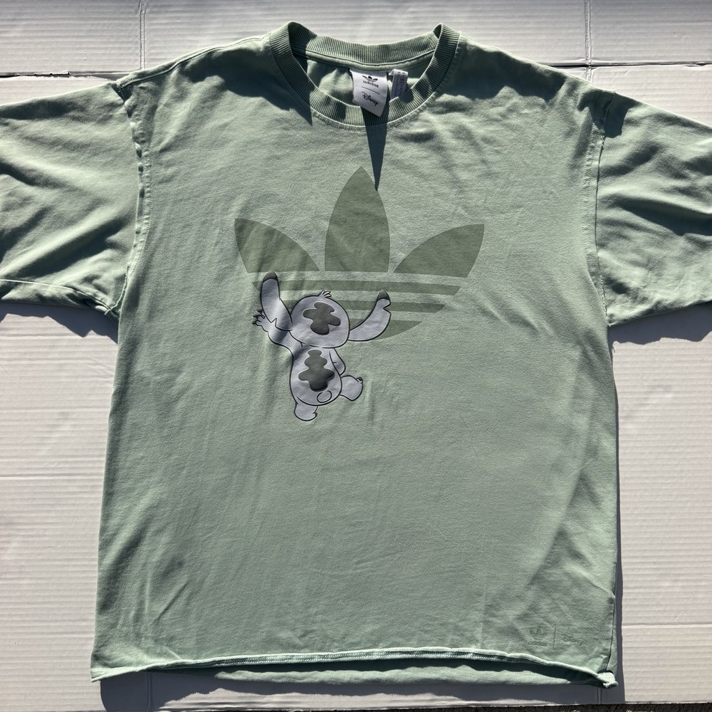 Adidas x Disney Stitch Mens Shirt Raw Hem Mint Green Lilo & Stitch Trefoil Logo